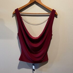 New NWT Fashion Nova Lia Backless Gold Chain Cowl Neck Sleeveless Top Burgundy